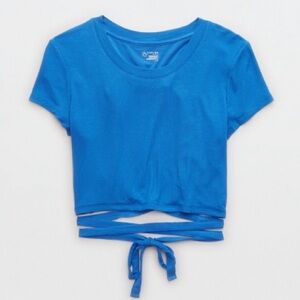 Aerie Blue Crop Tie Front Short Sleeve Tee